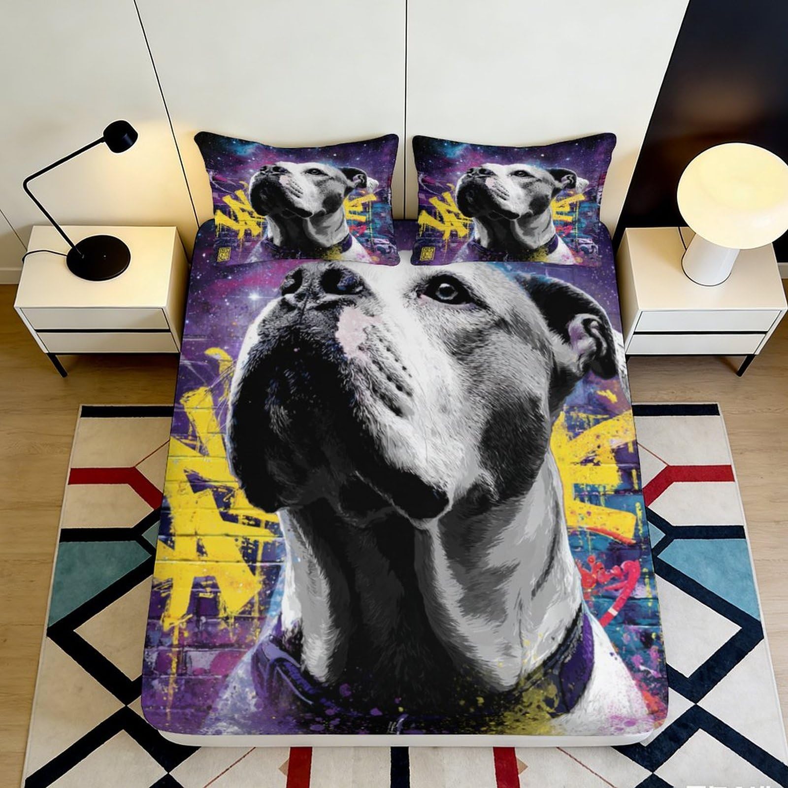 3D Printed Urban Dog Pattern Fitted Sheet Microfiber Durable Soft 3D Printed Graffiti Bed Cover for Bedroom Dormitory Guest Room Mattress Protection 140x200x25cm