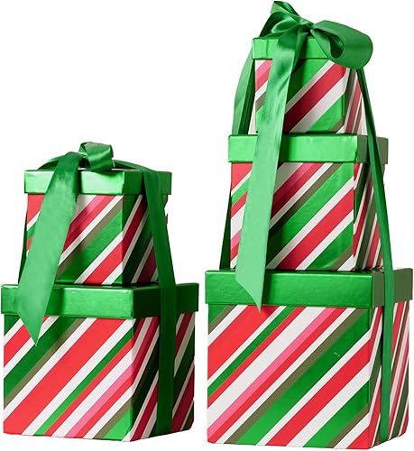 PAPER FAIR 5 cajas de regalo de Navidad con tapa, juego de cajas anidadas de Navidad, 5 tamaños, cuadradas, apilables, caja de papel a rayas verdes