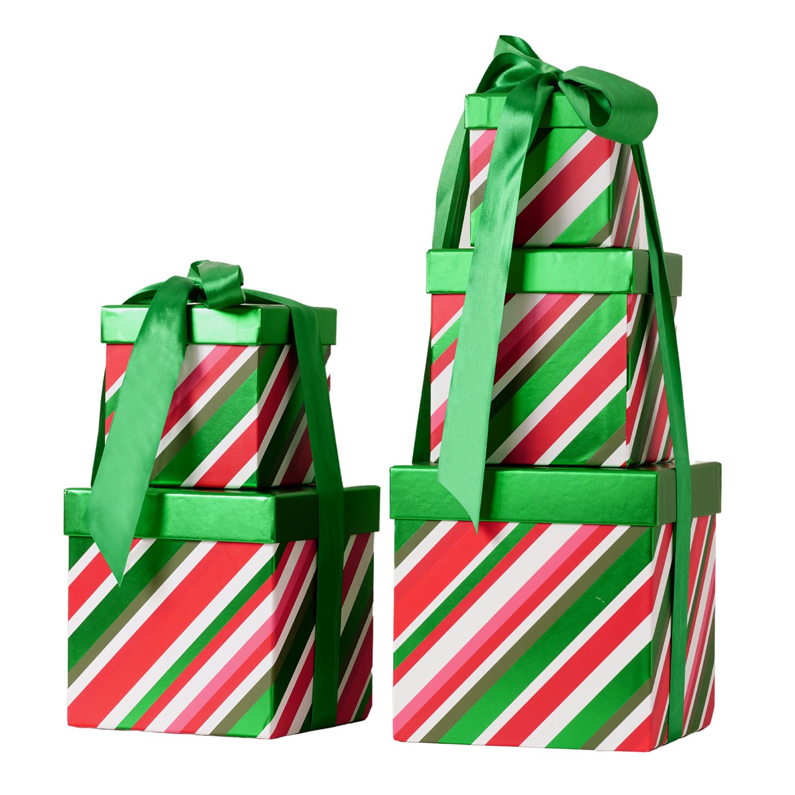 PAPER FAIR 5 scatole regalo di Natale con coperchio, set di scatole annidate di Natale, 5 misure, quadrate, impilabili, a righe, verdi e rosse, decorazioni a torre con nastro di raso, per feste,