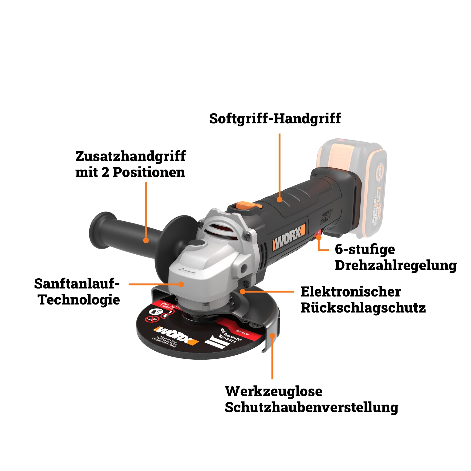 WORX WX807.9, Akku-Winkelschleifer 20V ohne Akku & Ladegerät, PowerShare | 125 mm, 6-stufige Drehzahlregelung, 2500, 11000 U/min und Schnellverstellung Schutzhaube