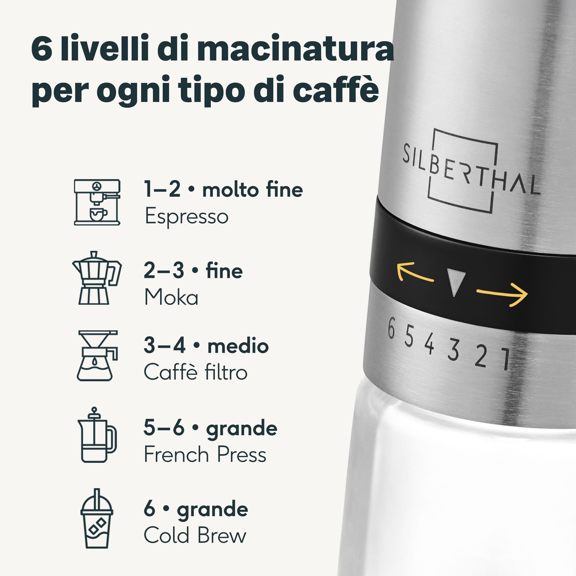 SILBERTHAL Macina caffè manuale - Professionale e regolabile - Macinino caffè a mano - Manual coffee grinder per moka