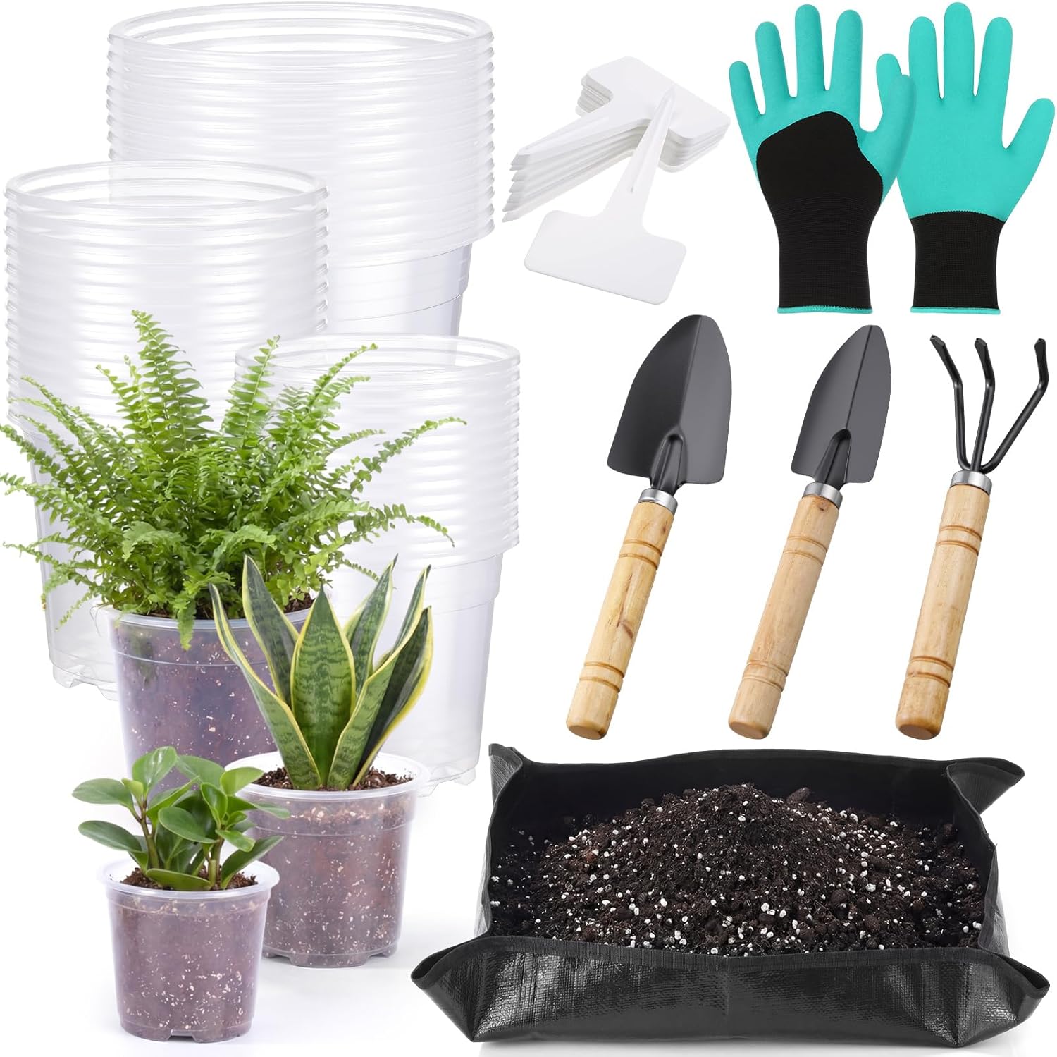83 Pcs Garden Supplies Tools Kit, 5/6/7 Inch Clear Plastic Plant Pots with Transplanting Mat, Trowel Cultivator Rake Set, Label & Glove, Succulent Tools Gift for Plant Lovers Accessory