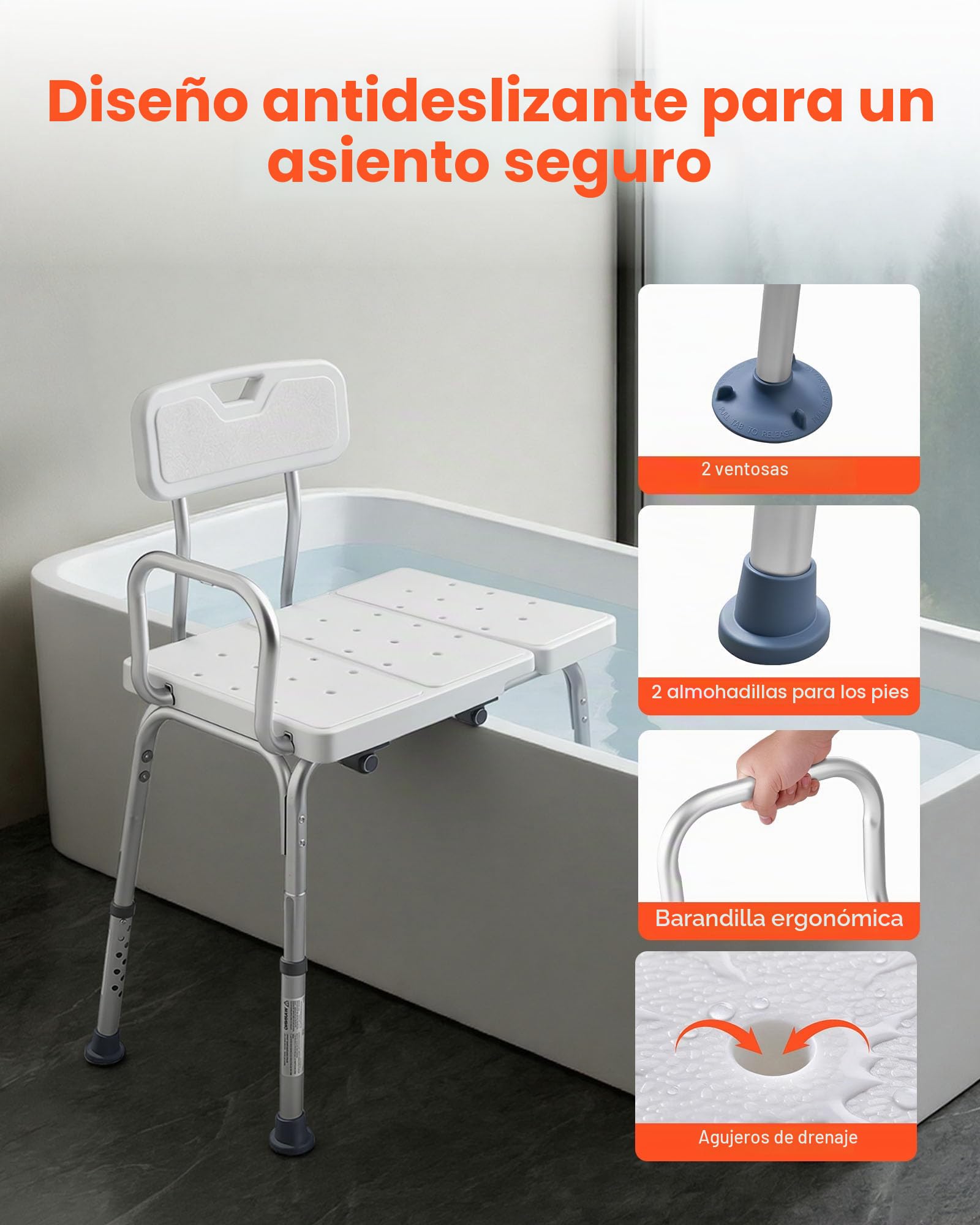 VEVOR Asiento de Bañera con Brazo y Respaldo, Silla para Bañera Altura Ajustable de 375 a 490 mm, Capacidad de 180 kg, Silla de Ducha para Adultos, Personas Mayores, Personas con Discapacidad