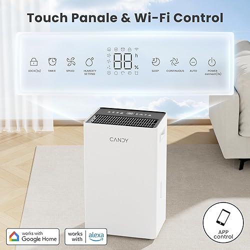 Miniatura 4 de Candy Deshumidificador de 4500 pies cuadrados para sótano, deshumidificadores de 80 pintas para el hogar, modo continuosueñoautomático, tanque de