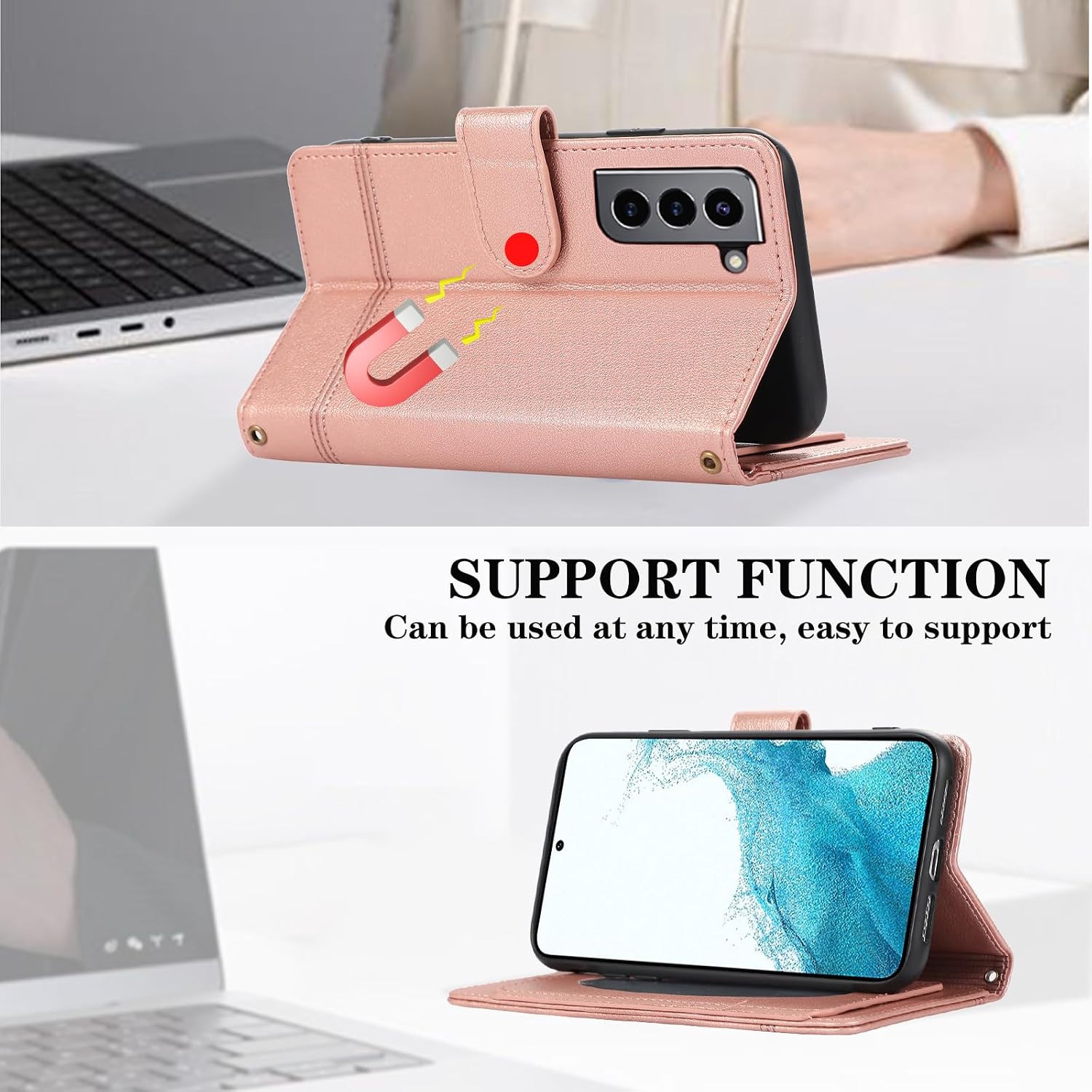 Compatible with Samsung Galaxy S21 Plus S21+ 5G Wallet Case Wrist Strap, Crossbody Strap, Mirror PU Leather Flip Stand Cell Phone Cover for S21+5G S21plus 21S + S 21 21+ G5 Women Men Rose Gold