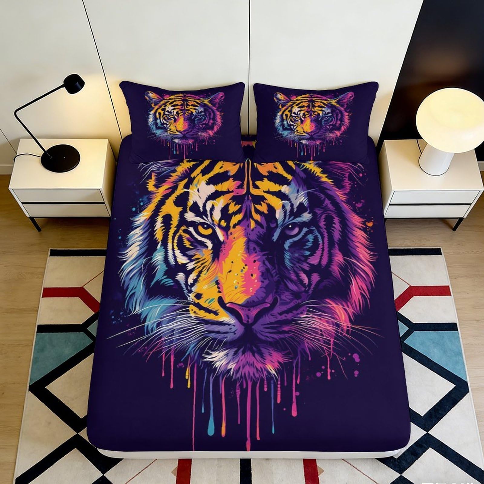 3D Printed Vibrant Tiger Fitted Sheet Microfiber Soft Durable Colorful Tiger Face Bed Cover for Bedroom Dormitory Guest Room Mattress Protection 140x200x25cm