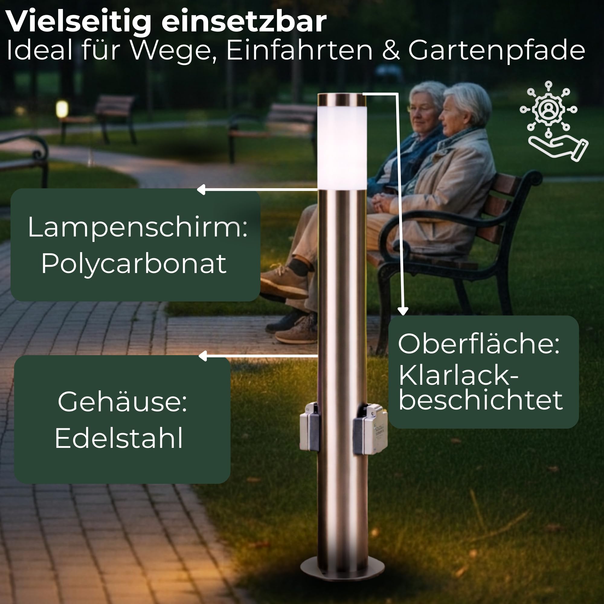 Novatool Gartenlampe I 80 cm I mit 2 Steckdosen I Edelstahl I IP44 I E27 Sockel I Gartenleuchte Stehlampe Säulenlampe außen Aussenleuchten Steckdosenverteiler Steckdosenturm Gartensteckdose…