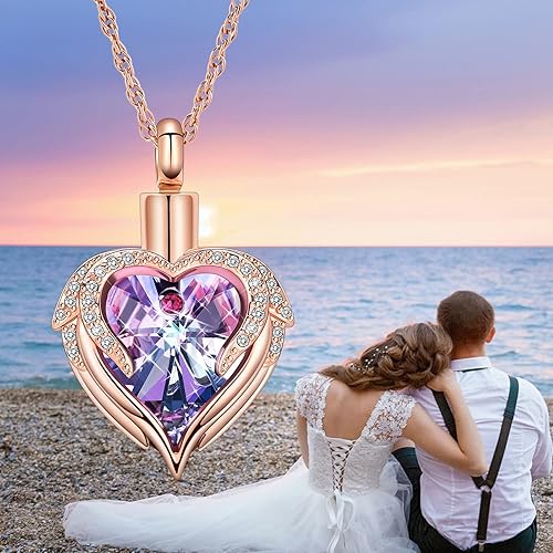 Miniatura 5 de shajwo Collar de urna de corazón de ala de ángel para cenizas para mujer, colgante conmemorativo de cenizas de mascotas humanas