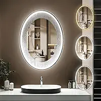 Espelho de Banheiro Oval Led 3 Cores 70x50cm, Espelho Banheiro De LED Touch 3 Cores de Luz Com Desembaçador, Vidro Temperado à Prova de Quedas Espelho de Corpo (110V /220V)
