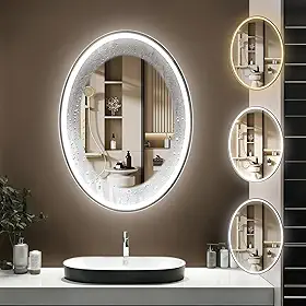 Espelho de Banheiro Oval Led 3 Cores 70x50cm, Espelho Banheiro De LED Touch 3 Cores de Luz Com Desembaçador, Vidro Temperado à Prova de Quedas Espelho de Corpo (110V /220V)
