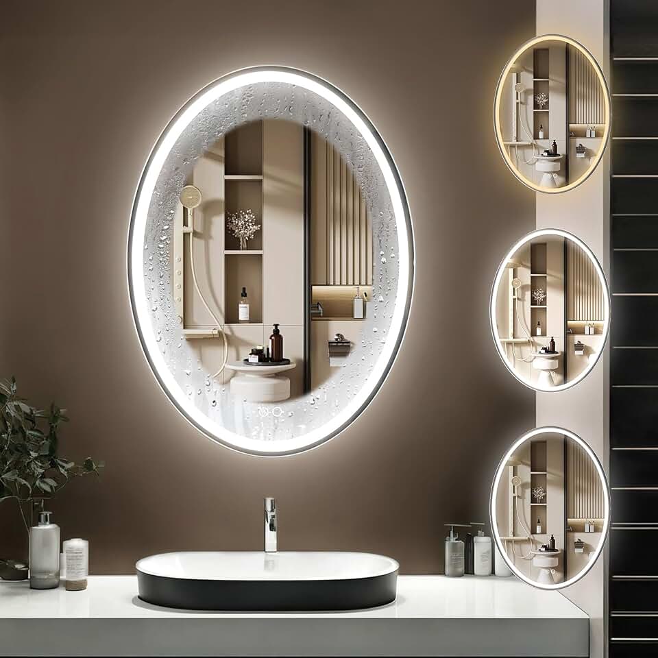 Espelho de Banheiro Oval Led 3 Cores 70x50cm, Espelho Banheiro De LED Touch 3 Cores de Luz Com Desembaçador, Vidro Temperado à Prova de Quedas Espelho de Corpo (110V /220V)