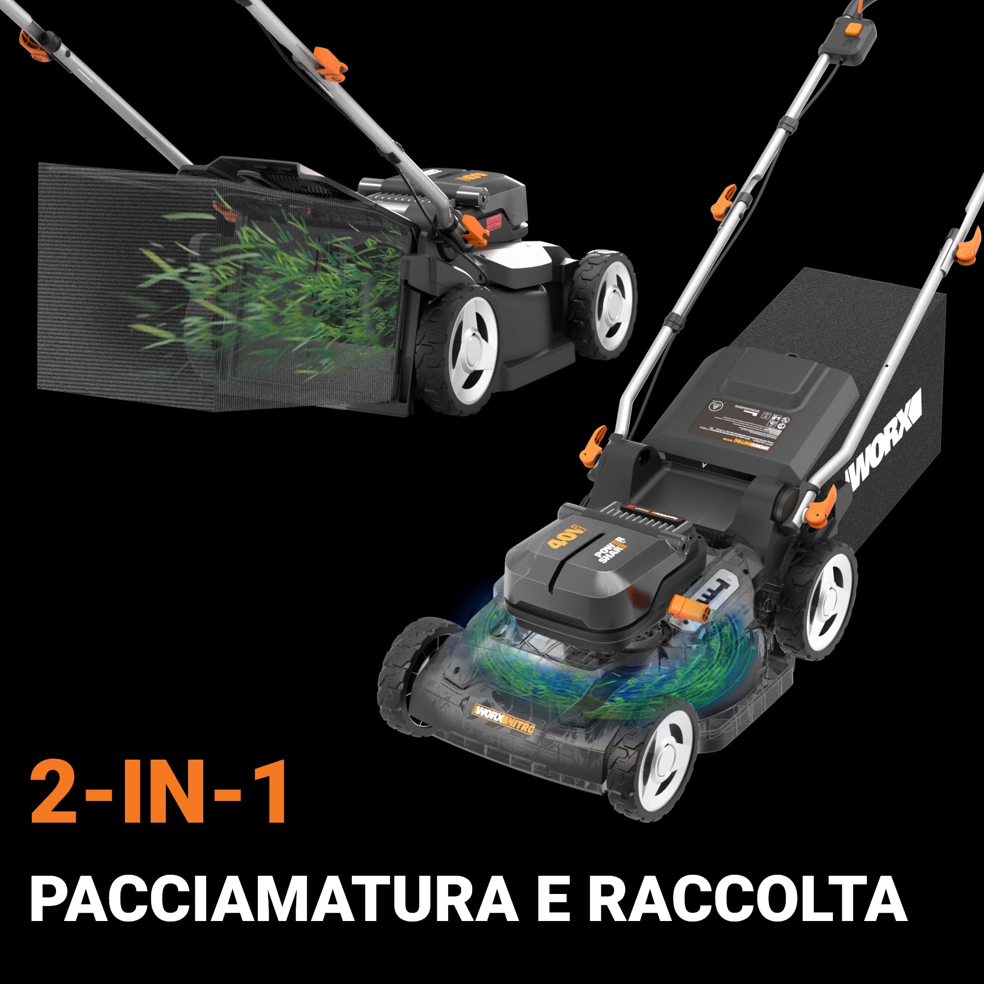 WORX Nitro WG745E, tosaerba a batteria 40V, 2 batterie 20V da 4Ah Pro incluse, superficie massima 600 m², diametro 41 cm, 50 l, taglio fino ai bordi, 6 altezze di taglio, taglio classico