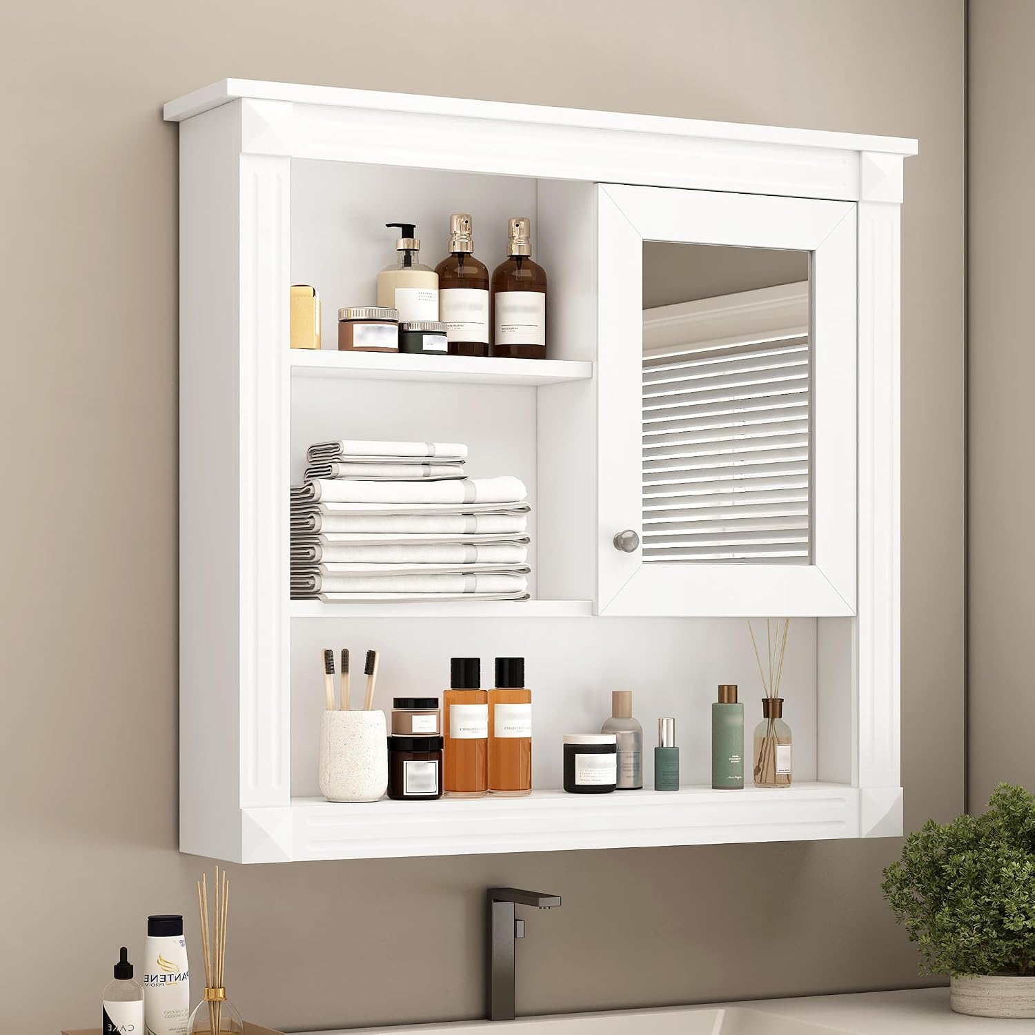 Merax Bathroom Medicine Cabinet with Mirror 32 Inch, Wall Mount Bathroom Storage Cabinet with 4 Shelves, Mirrored Door Over Toilet Storage Cabinet Organizer and Adjustable Shelves, White