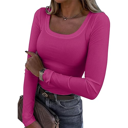 Roselux Womens Long Sleeve Scoop Neck Ribbed Knit Fitted Casual Tops Tee Slim Basic Shirts