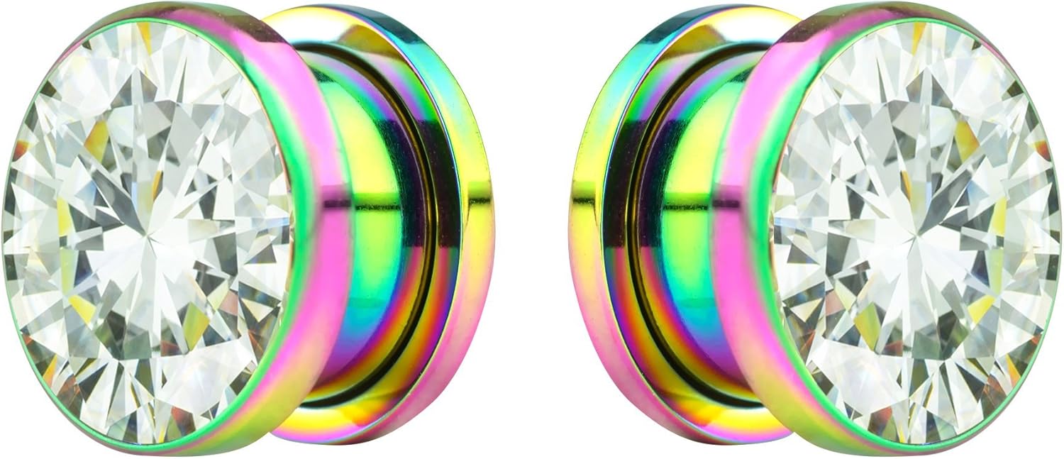 Forbidden Body Jewelry 2pcs 8G-7/8 Surgical Steel Screw Fit CZ Center Rainbow Tunnel Plug Earrings