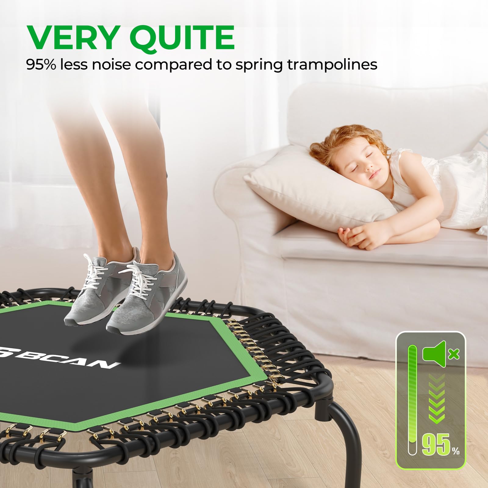 Trampolina wewnętrzna BCAN Fitness, średnica 102/122 cm, mini trampolina bungee/sprężynowa, odpowiednia dla osób dorosłych o wadze do 204/250 kg, z regulowanymi uchwytami, cicha i niskowibracyjna.