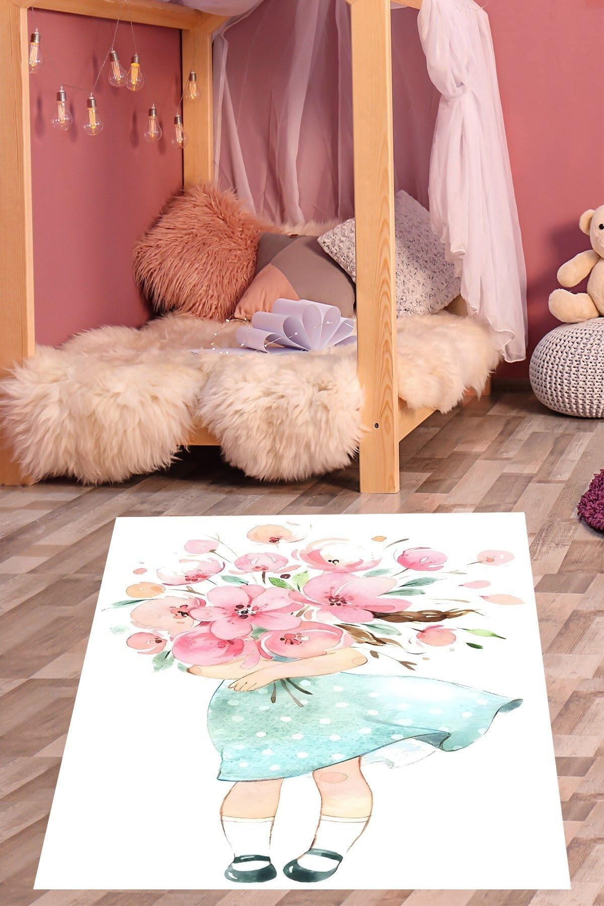Pelangi Çiçek Buketi Taşıyan Sevimli Kız Yıkanabilir Kaymaz Taban Leke Tutmaz Çocuk Odası Halısık, Pembe-Beyaz-Mavi 180 x 280, 76420141802801