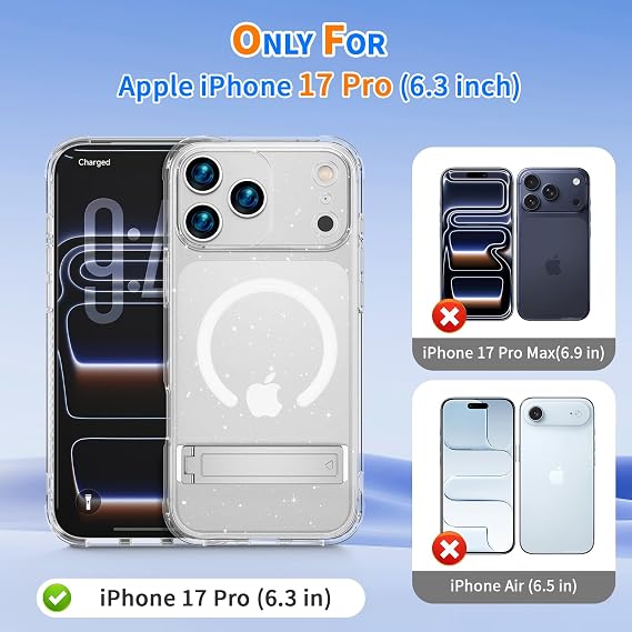 iPhone 17 Pro用ケース、内蔵キックスタンド、MagSafe対応、スリム半透明耐衝撃落下防止保護携帯電話ワイヤレスバンパーカバー、クリアキラキラ