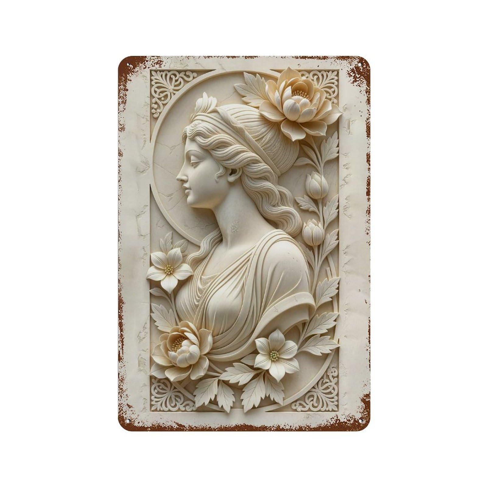 Classical Woman Sculpture with Floral Accents Rust Effect Tin Sign 11.8"x7.9", Retro Wall Decor for Pub, Kitchen And Man Cave Decor