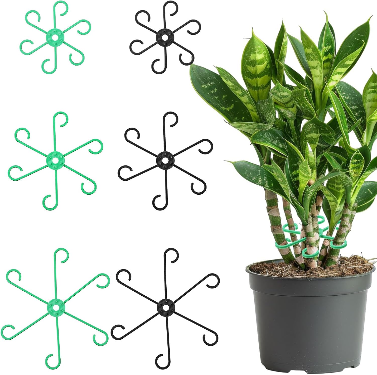 6pcs plant stem holder support, plant stakes for indoor plants, plant supports for indoor plants, plant holders, reusable plant support stakes for gardening(green and black) green + black