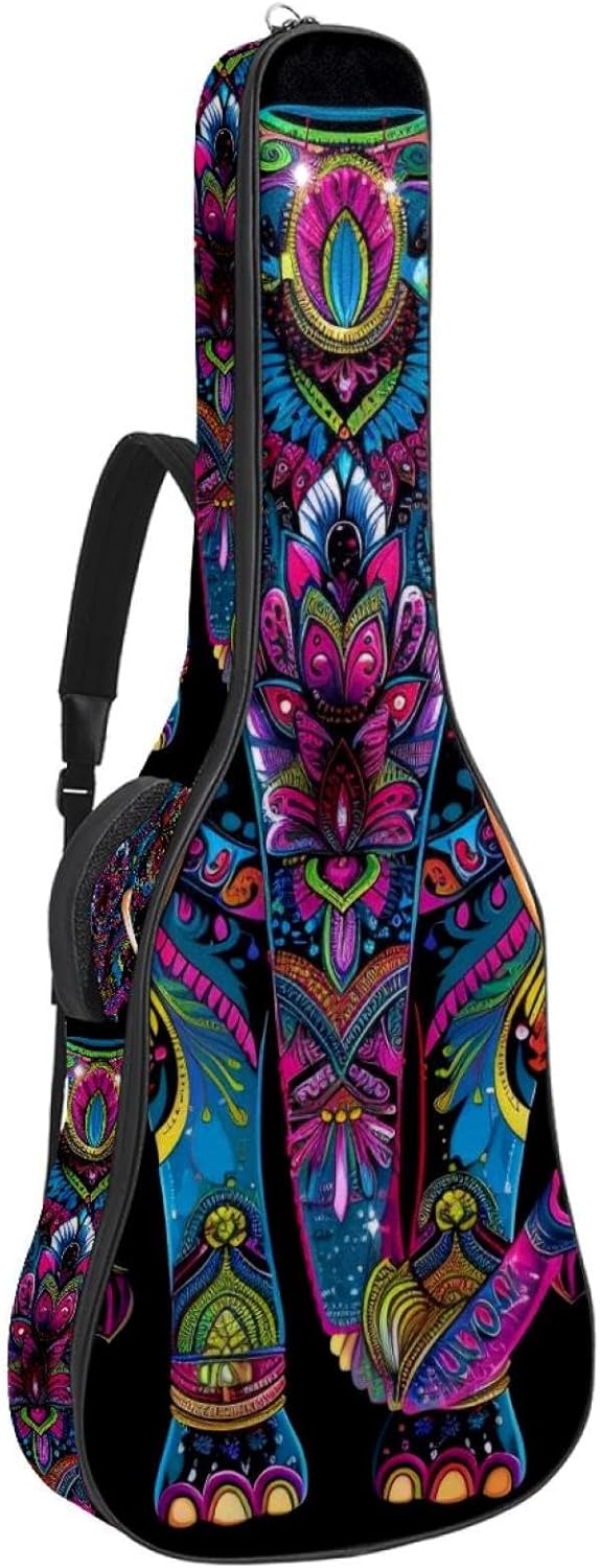 Acoustic Guitar Gig Bag 1 cm Thick Padding, Waterproof Electric Guitar Bag 40-42 Inch Guitar Case Backpack with Dual Shoulder Strap, Indian Ethnic Elephant