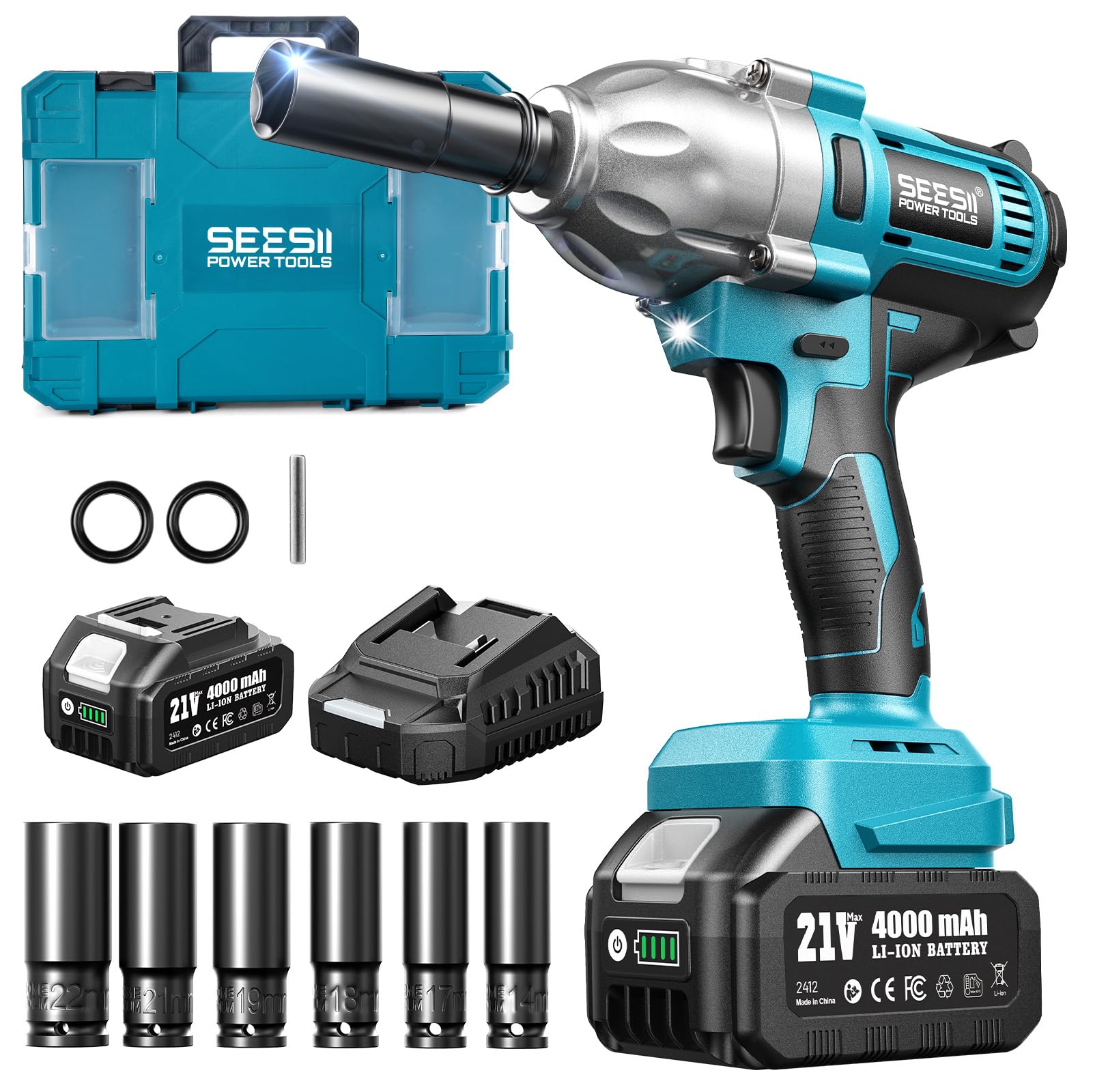 Seesii Impact Wrench 665 FT-LBS(900N.m) 3300IPM 1/2 Impact Gun High Torque Electric Impact Driver Cordless Impact Wrench with 21V 1x4.0Ah Battery 6 Sockets&Case for Home Car Tire Lug Nut Removal Tool