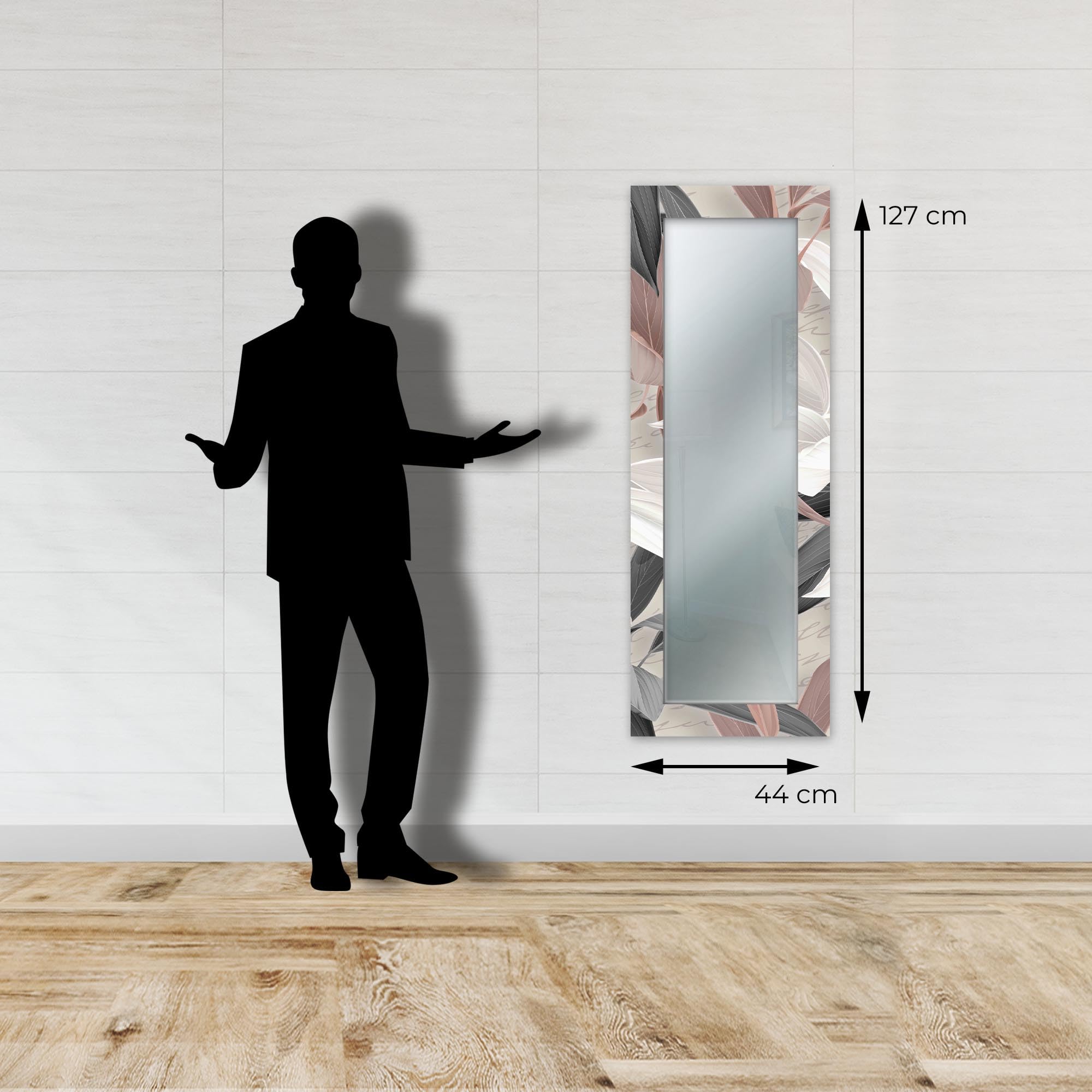 Lupia - Specchio da Parete Lungo MIRROR FANTASY LEAVES MIX 44x127 cm, Cornice Stampata, Design Moderno per Camera da Letto, Soggiorno, Ingresso, Specchio Corridoio, Specchio Design
