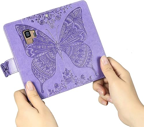 Miniatura 6 de MEUPZZK Funda tipo cartera para Samsung Galaxy S9, piel sintética de alta calidad con diseño de flor de mariposa en relieve, función atril, ranuras
