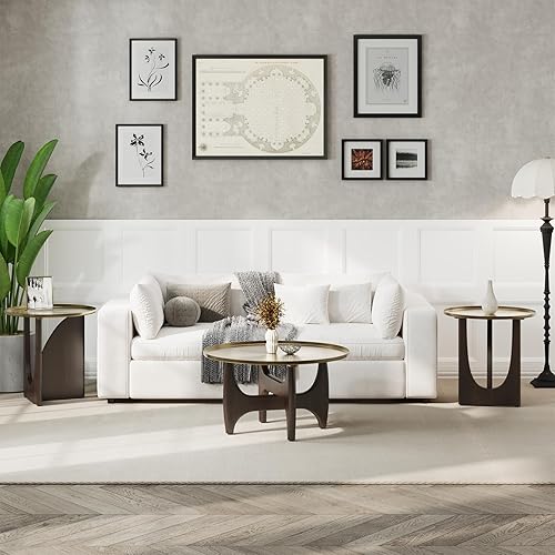 Miniatura 8 de ACEDÉCOR Mesa auxiliar redonda, mesas de centro de 30 pulgadas con bandeja de oro cepillado y base de madera de nogal maciza, mesa central para sala