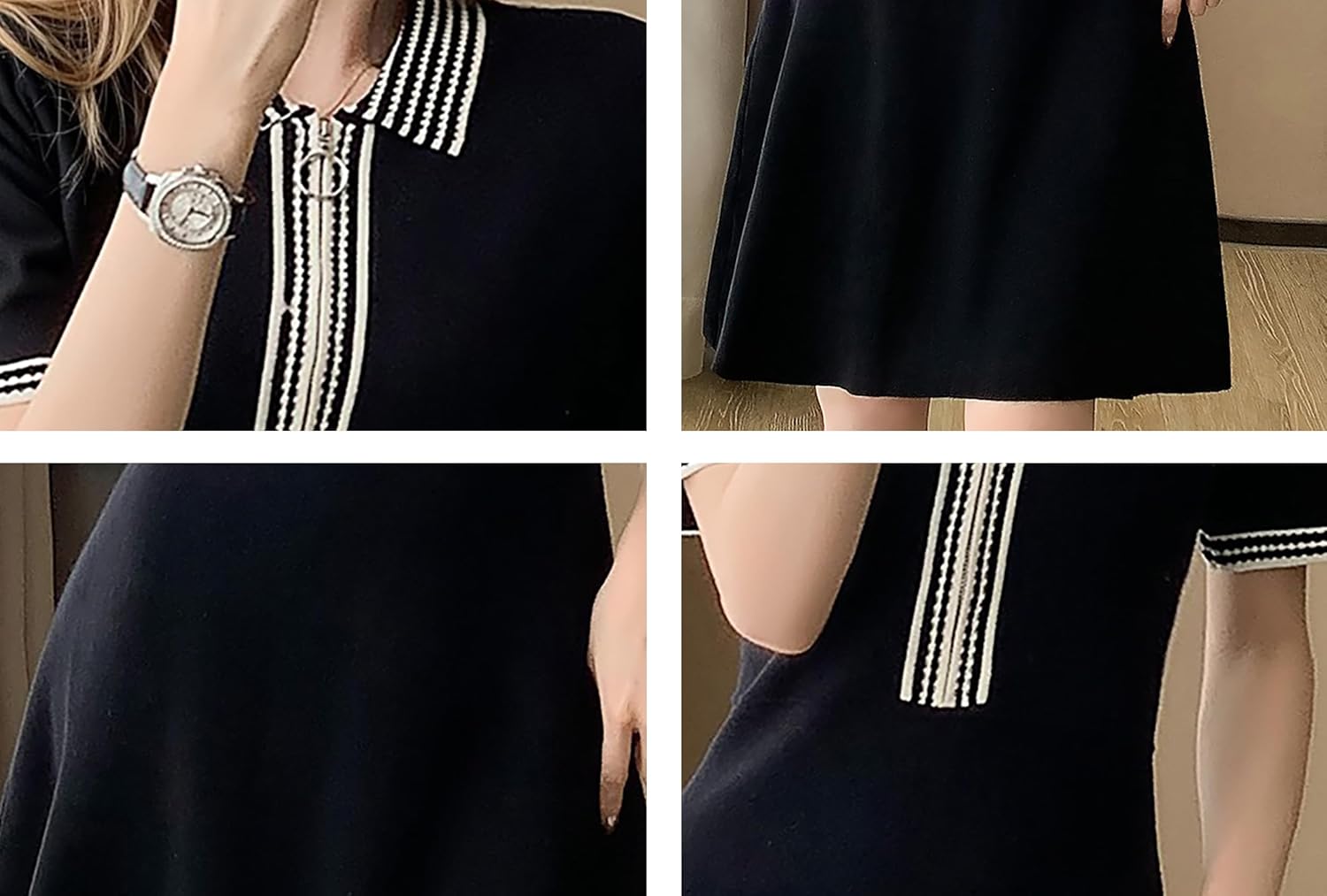 LAI MENG FIVE CATS Women's Summer Polo Collar Short Sleeve Color Block Knit A-line Mini Dress