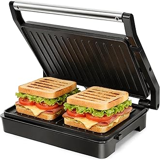 Sandwich Toaster Panini Press, 1000W Deep Fill Toastie Maker, Non-Stick-Coated Aluminium Plates, Indicator Light, Stainless Steel, Black-Larissa