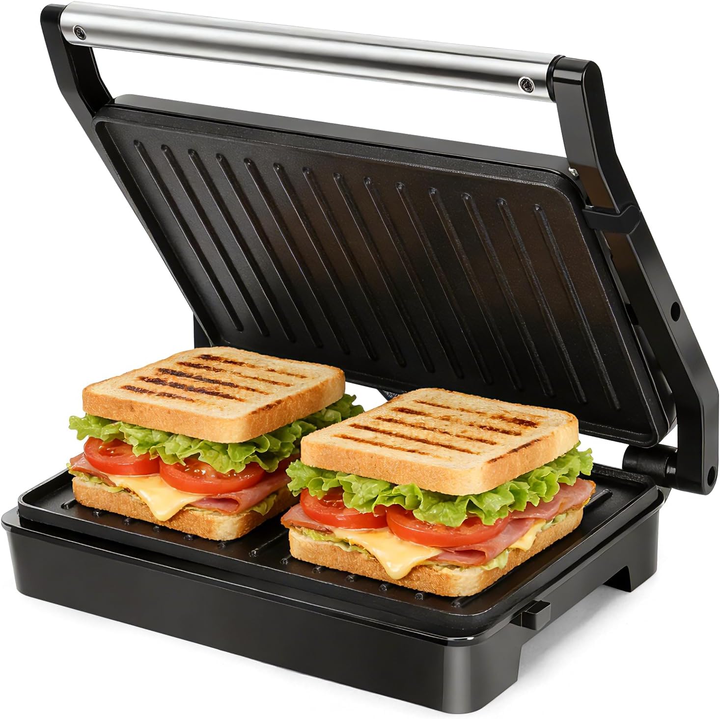 Aigostar Sandwich Toaster Panini Press, 1000W Deep Fill Toastie Maker, Non-Stick-Coated Aluminium Plates, Indicator Light, Stainless Steel, Black-Larissa