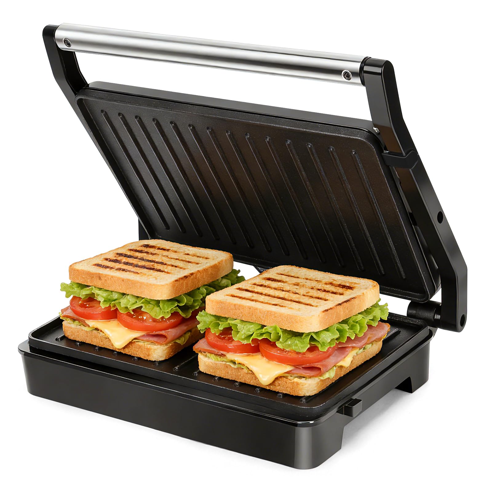 Sandwich Toaster Panini Press, 1000W Deep Fill Toastie Maker, Non-Stick-Coated Aluminium Plates, Indicator Light, Stainless Steel, Black-Larissa