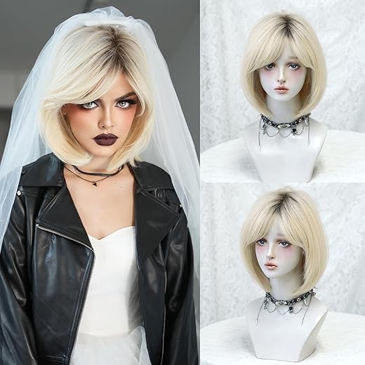 7JHH WIGS Wigs 12in Straight Platinum Bob Layered Cut Wig with Dark Roots Halloween Wig for Women Cosplay Party Side Part Bangs Wigs High Temperature Heat Resistant Fiber Natural Hairline Wig