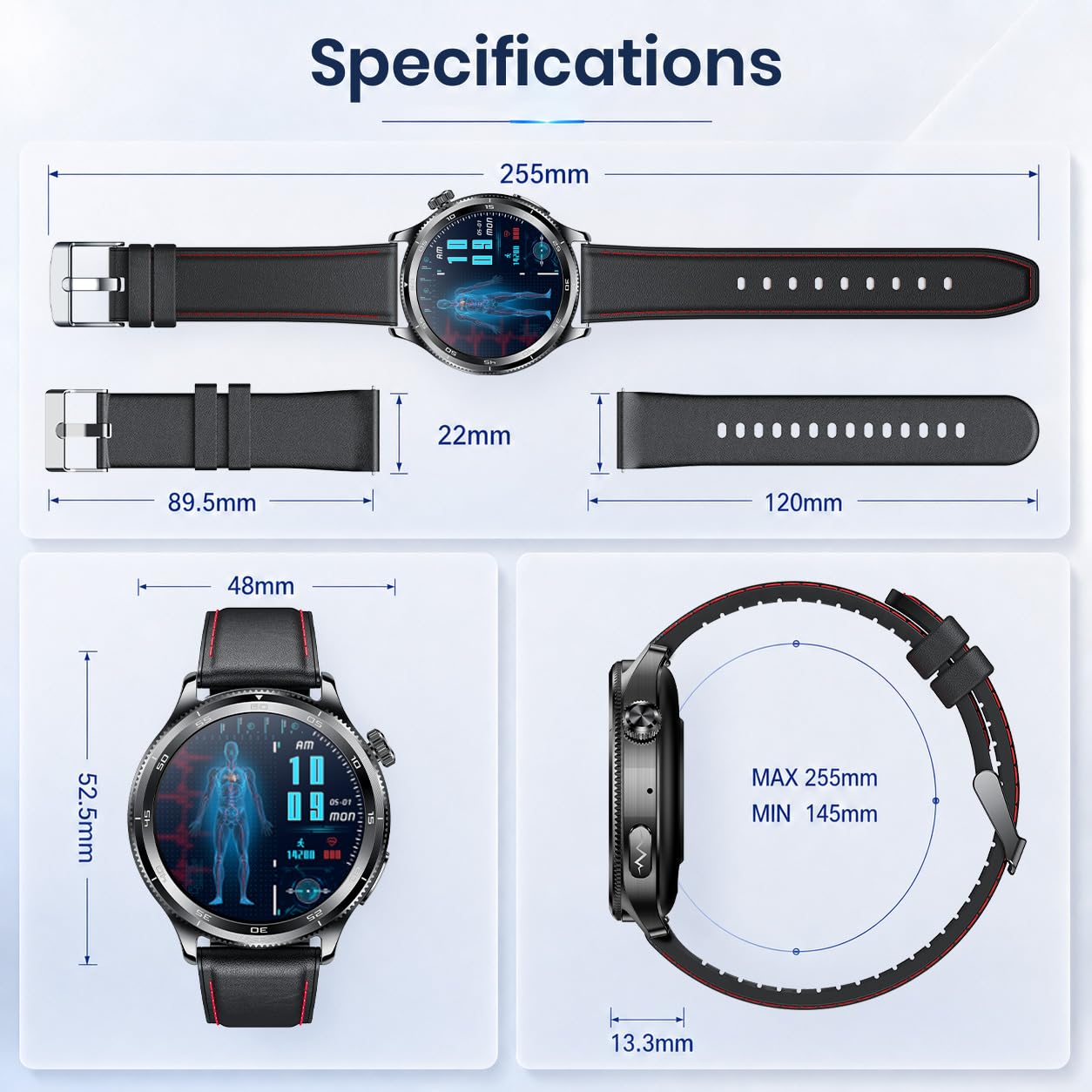 ECG Montre Connectée Homme Smartwatch - HRV MET BMI Repondre Appel Cardiofréquencemètre Tensiomètre SpO2 Sommeil Podomètre IP68 Multisports Santé Fitness Sport 1.43" Montre Intelligente Android iOS