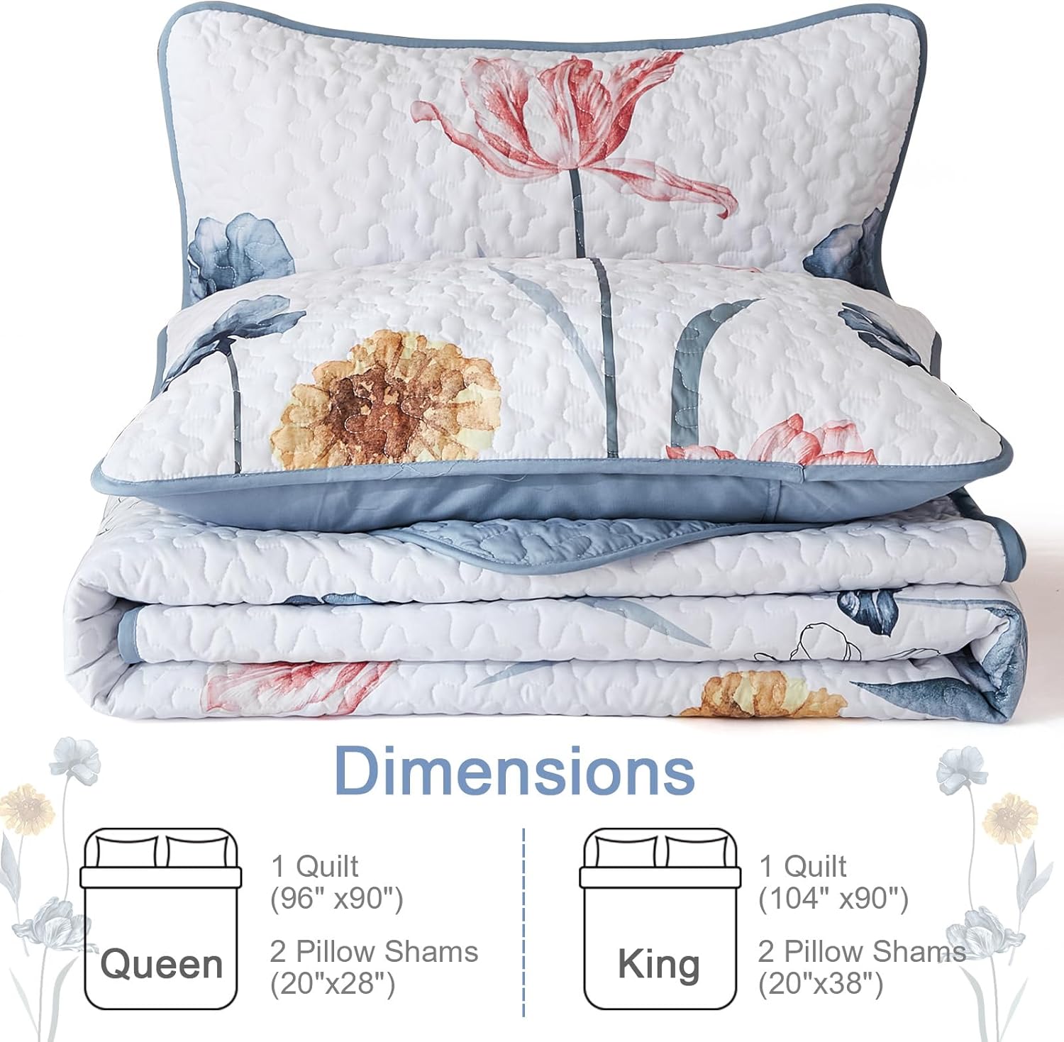 WONGS BEDDING Floral Quilt Set Queen,3 Pieces Blue & Pink Bedspread Coverlet Set Botanical Bedspreads Bed Cover Quilts,Soft Lightweight Farmhouse Flower Bedding Set for Spring Summer(96"x90") - Image 8