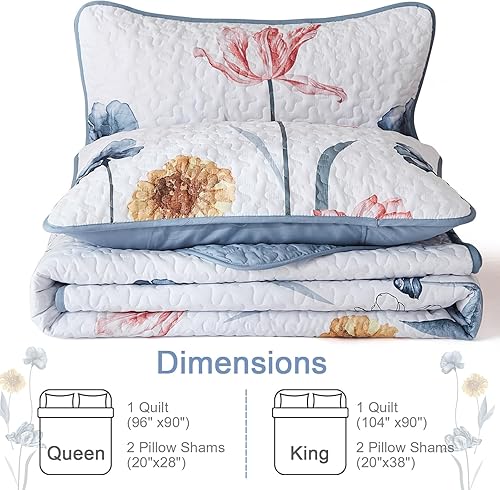 Miniatura 8 de WONGS BEDDING Juego de edredón floral Queen, juego de colcha de 3 piezas azul y rosa, cubrecama botánico, colcha suave y ligera con flores de granja