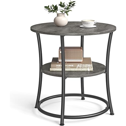 VASAGLE Side Table, Round End Table with 2 Storage Shelves for Living Room, Bedroom, Nightstand with Steel Frame for Small Spaces, Accent Coffee Table, Misty Gray and Ink Black