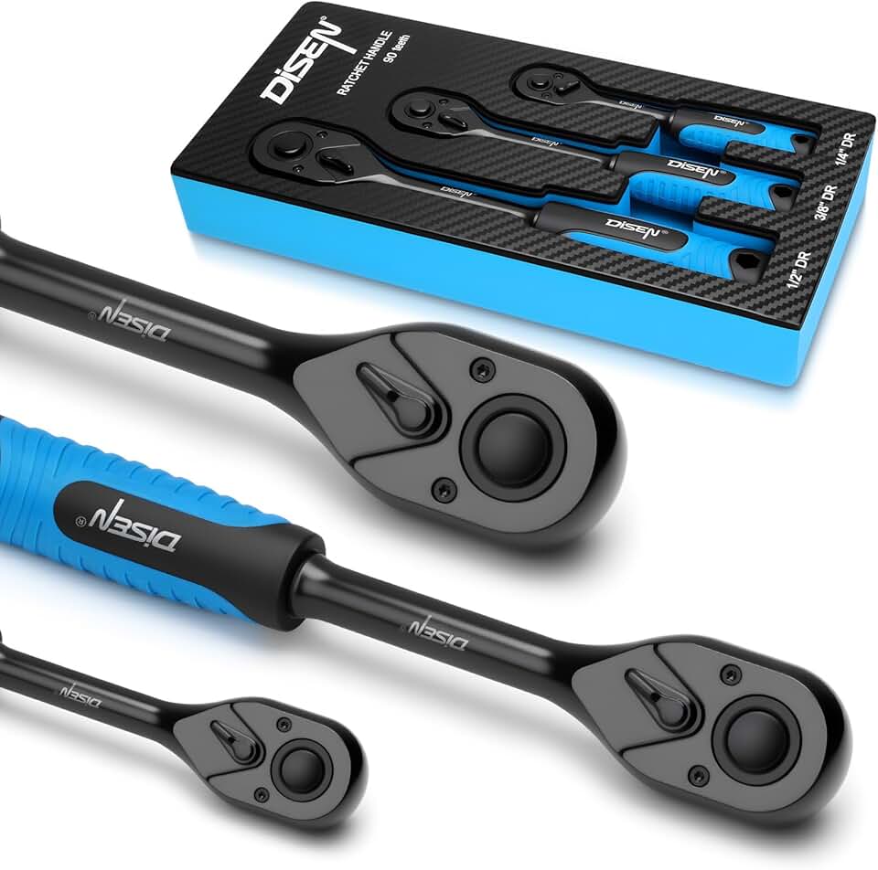 DISEN 3PCS Black Ratchet Set (1/2", 3/8", 1/4" Drive) - 90-Tooth Drive Ratchet Socket Wrench Reversible with Non-slip Rubber Grip, Quick Release &amp; EVA Tray - Professional Ratchet Wrench Handle Kit