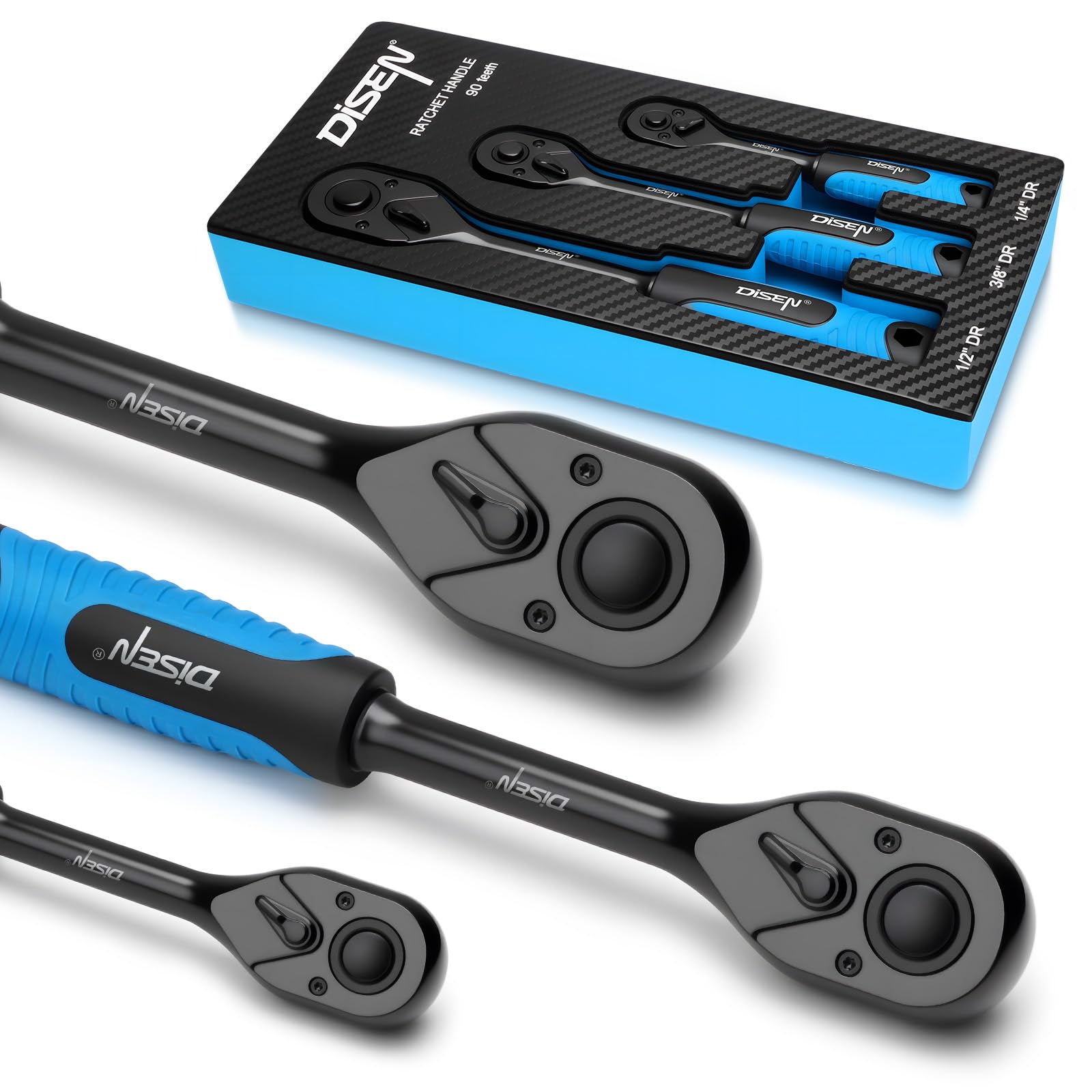 DISEN 3pcs Black Ratchet Set (1/2", 3/8", 1/4" Drive) - 90-Tooth Reversible with Non-Slip Rubber Grip, Quick Release & EVA Tray - Professional Ratchet