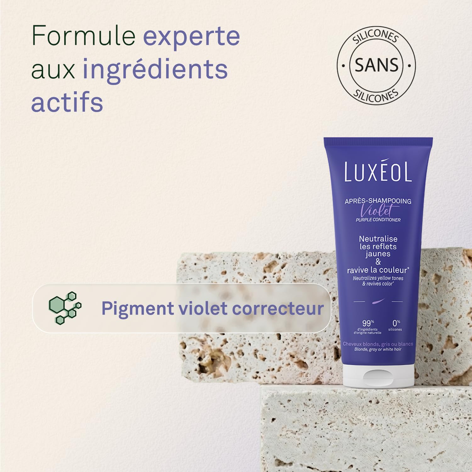 LUXEOL - Après-Shampooing Violet - Neutralise Les Reflets Jaunes & Corrige Les Reflets Cuivrés* - Ravive la Couleur* - Contient Un Pigment Violet Correcteur - Fabriqué en France - 200 ml