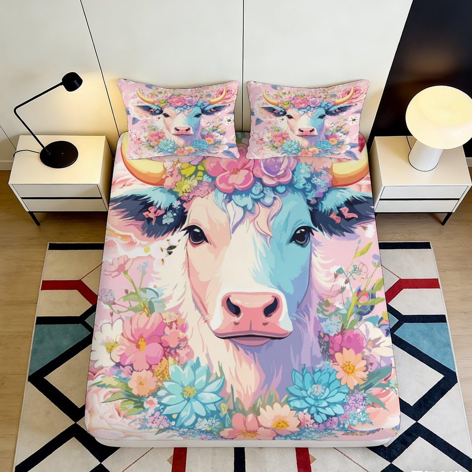 3D Printed Floral Bull Fitted Sheet Microfiber Soft Durable Pastel Cow Bed Cover for Bedroom Dormitory Guest Room Mattress Protection 90x200x25cm