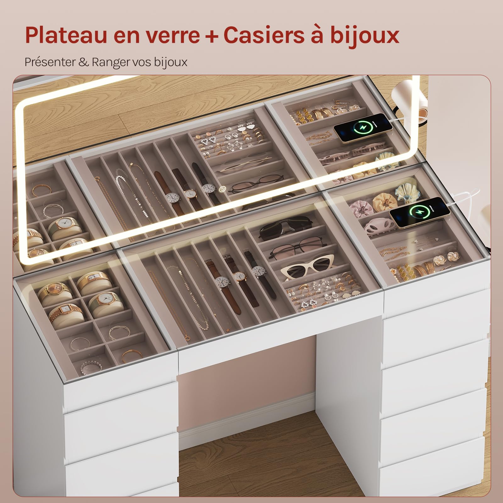 WOLTU Coiffeuse avec Grand Miroir LED, Plateau en Verre, Table de Maquillage avec 11 Tiroirs, Station de Charge, Compartiments à Bijoux & Support Sèche-Cheveux, Meuble Moderne pour Chambre, Blanc