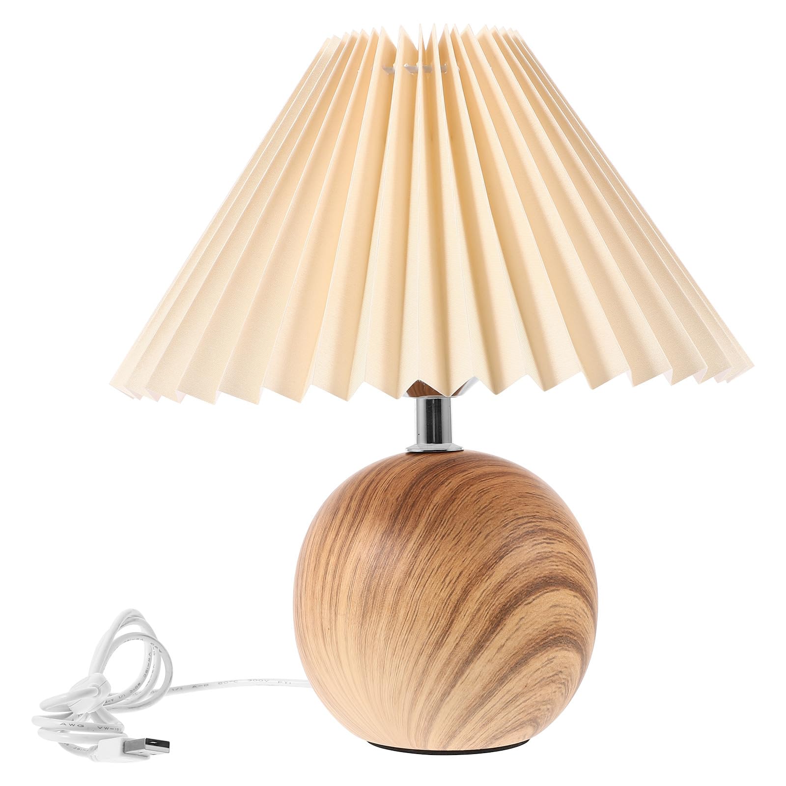 SHINEOFI Lampada da Tavolo Dimmerabile Paralume Plissettato e Base in Venature del Legno, Porta USB Integrata per Camera da Letto e Soggiorno, Luce Regolabile Continua per Lettura e Relax