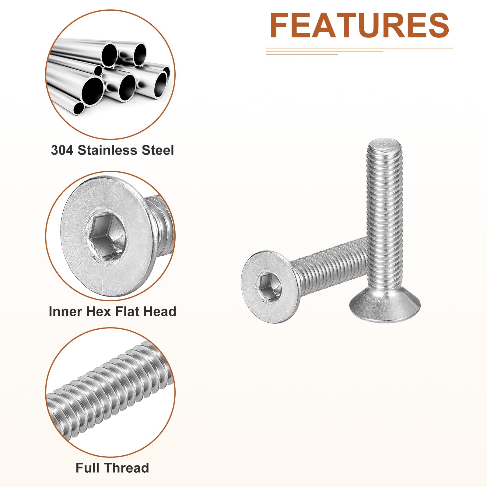 DTGN M8-1.25 x 40mm Flat Head Socket Cap Screws, 10 Pack 304 Stainless Steel Hex Socket Flat Head Screws, Full Thread - Image 4