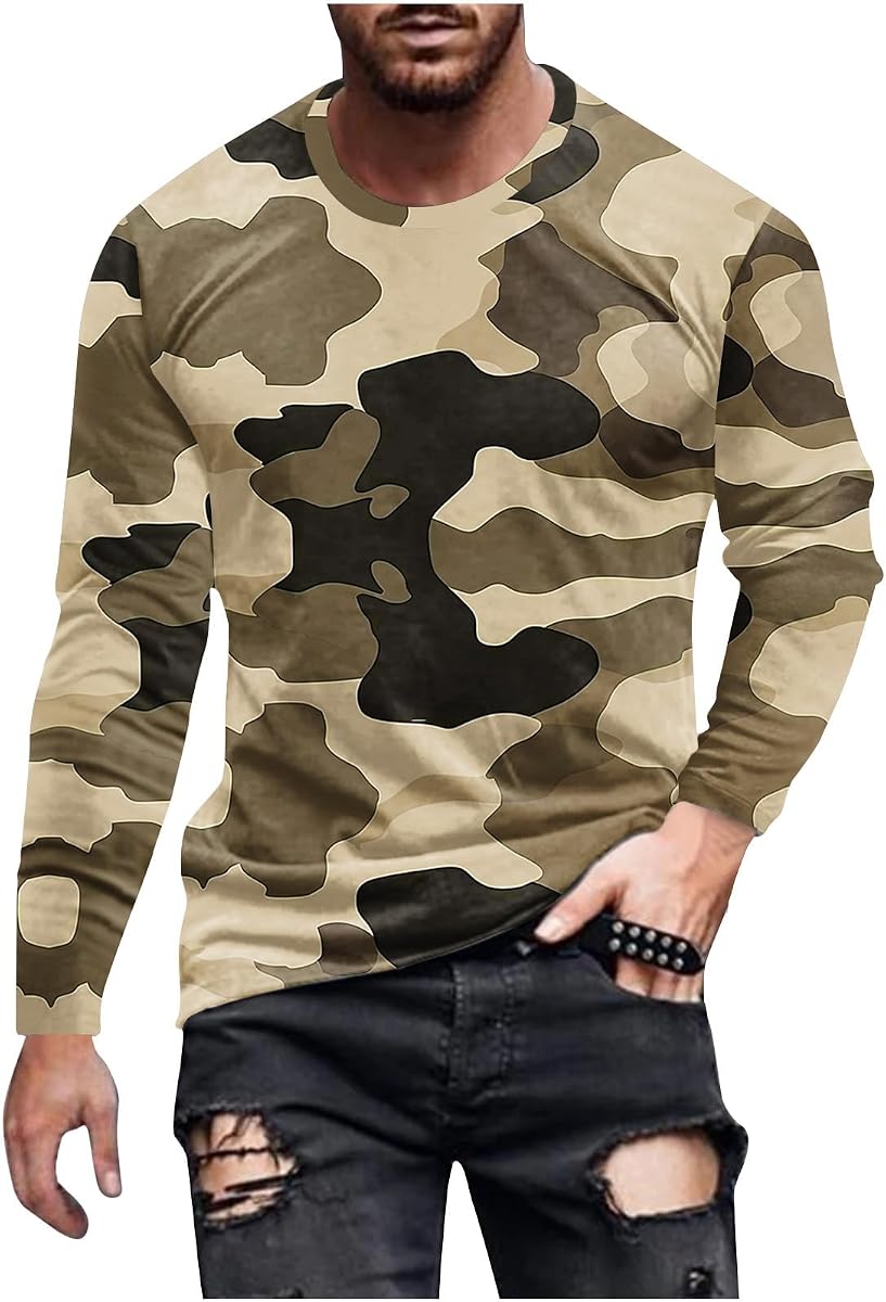 Camisas de entrenamiento para hombre, grandes y altas, manga larga, cuello redondo, camisetas de camuflaje, estilo casual, camisetas de camuflaje