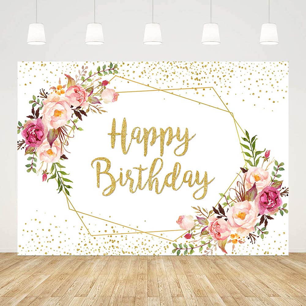 ABLIN 7x5ft Happy Birthday Backdrop for Women Wreath Background Party Decorations for Girl Gold Ring Colorful Flowers Photo Booth Props Cake Table