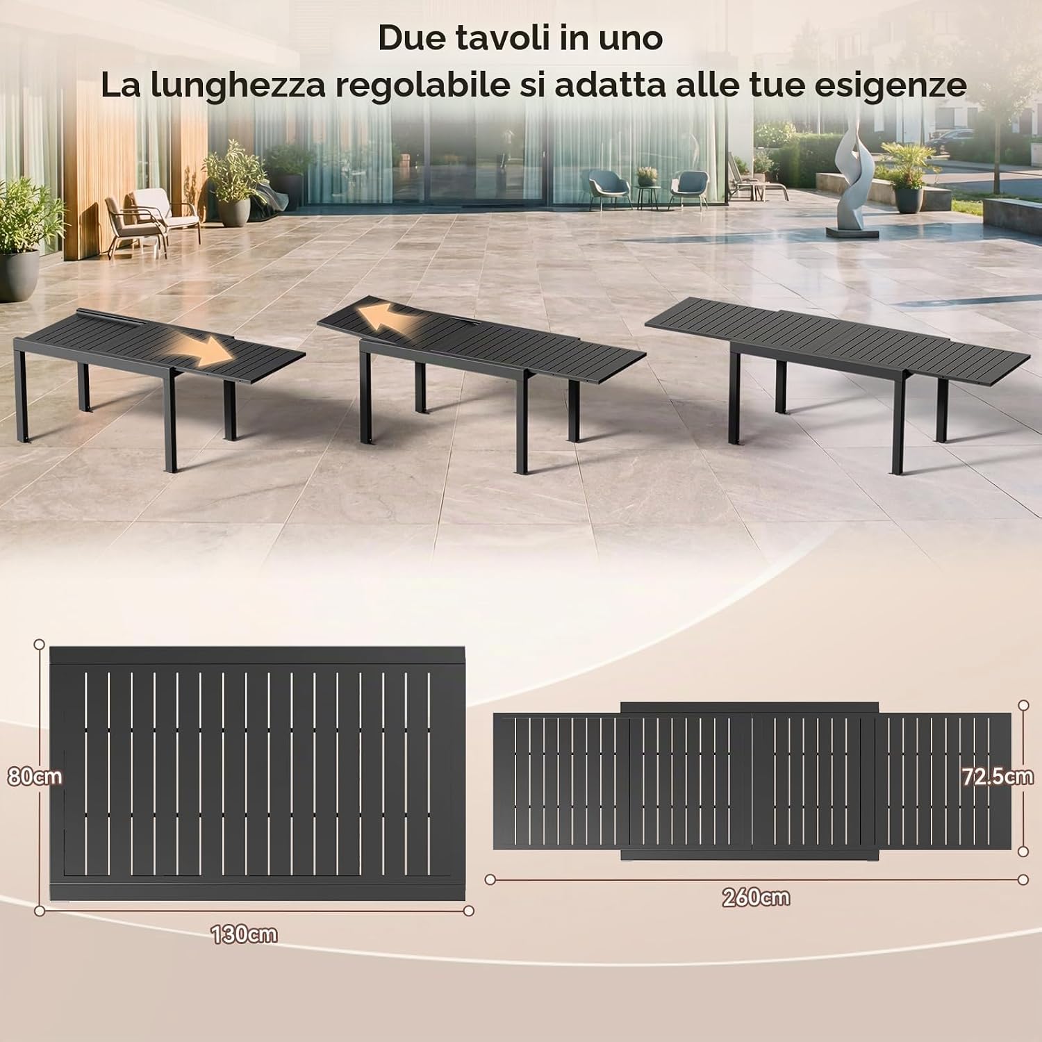 Diagramma che illustra le tre stages of the JUMMICO table extension: compact, partially extended, and fully extended.