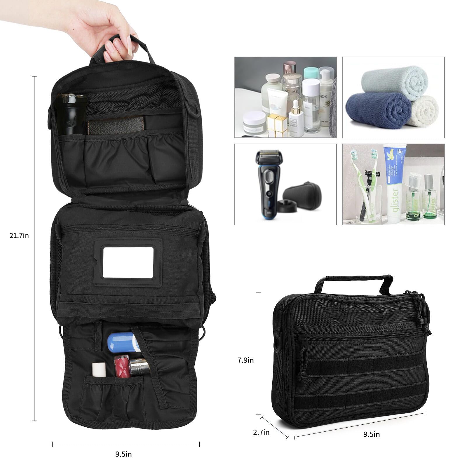 SUNRISING Neceser colgante para hombre, organizador de neceser de viaje, kit de aseo personal, bolsa de baño esencial de viaje para hombre, Negro, One Size, Táctica