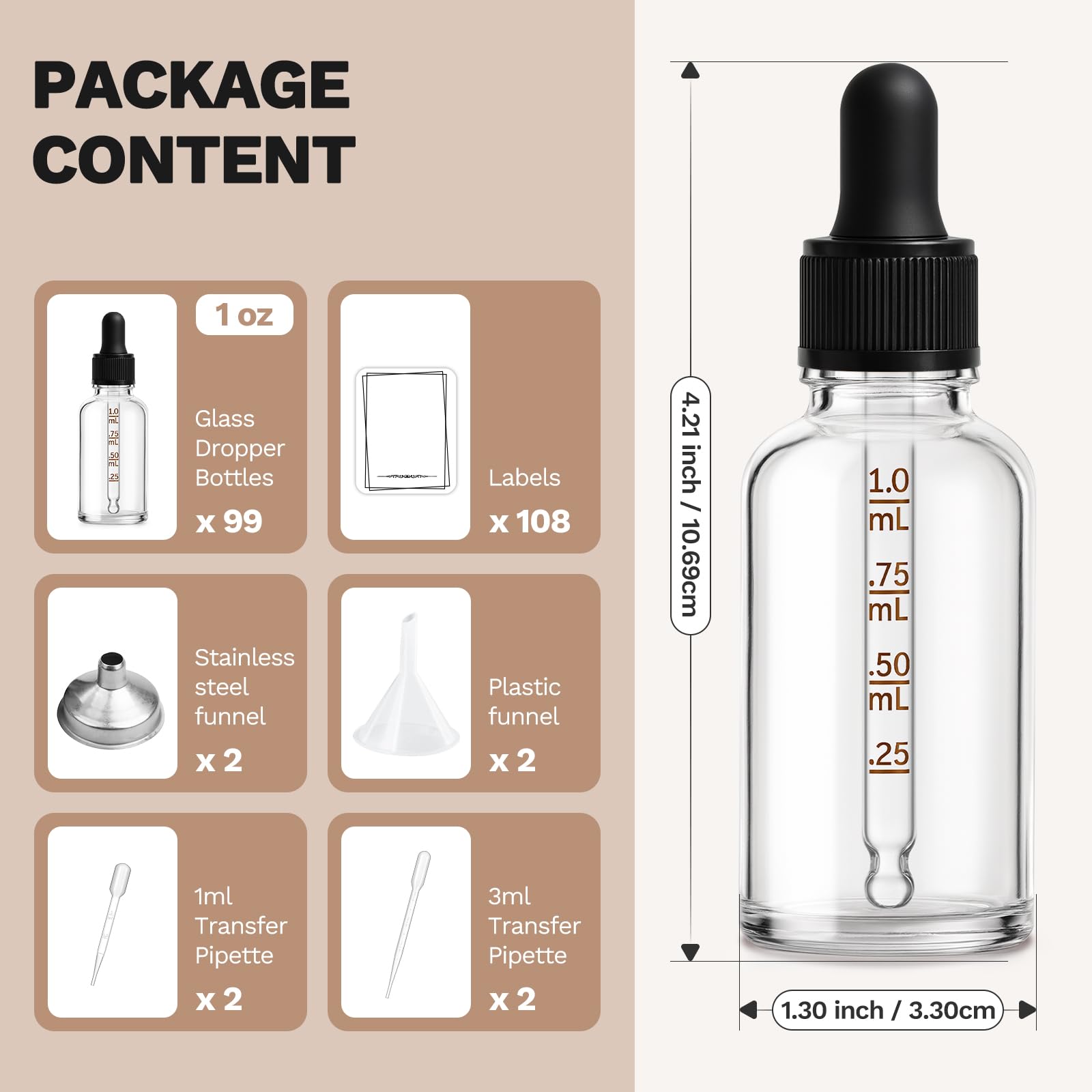 Bumobum 99 Pack 1 oz Glass Dropper Bottles with Accessories